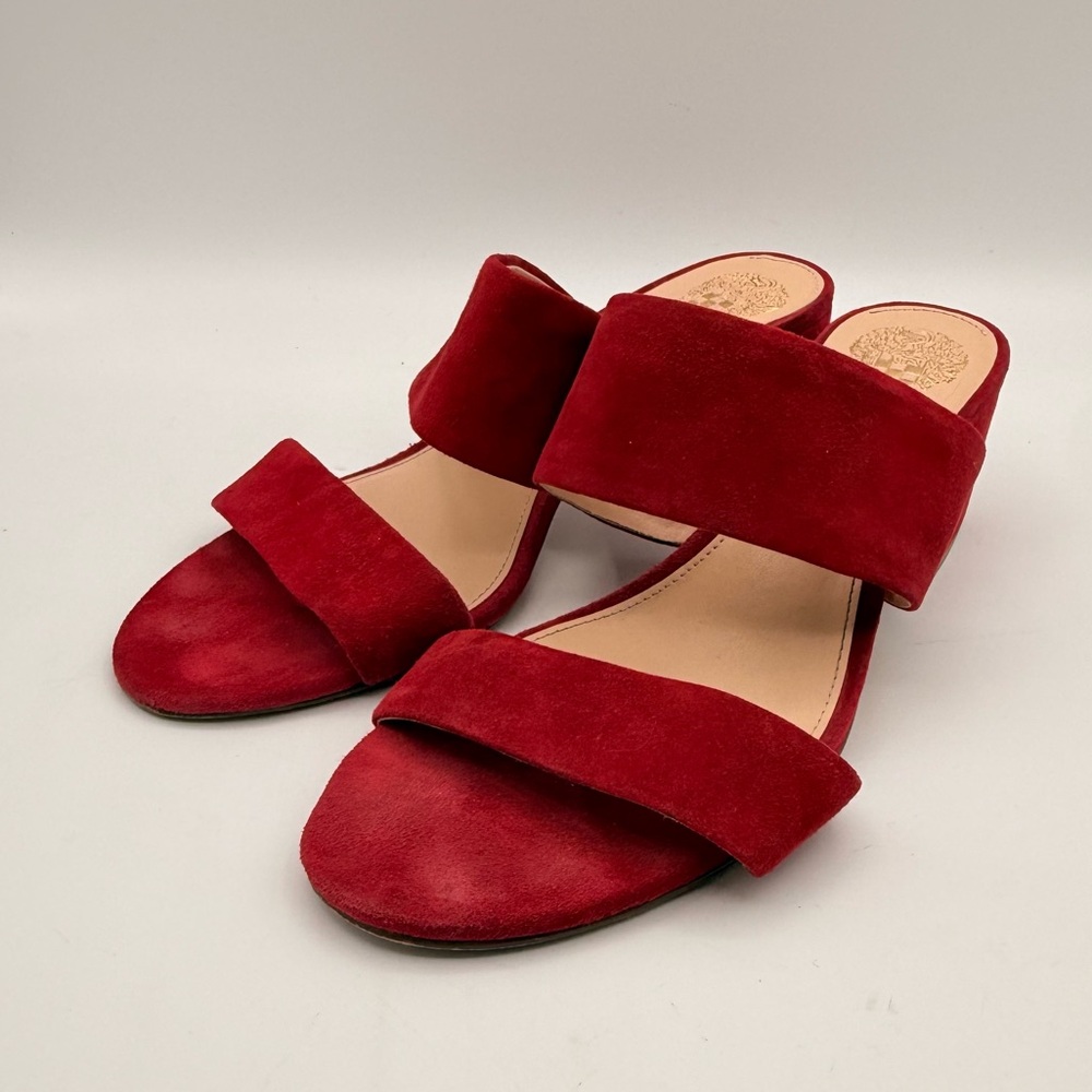 Vince Camuto Red Suede Block Heel Sandals Slip-On Mules Wide Strap Chic Size 8.5